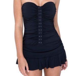 Profile by Gottex Moto Black Bandeau Strapless Shirred Swimdress